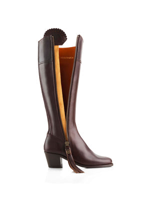 The Regina Women's Tall Heeled Boot - Mahogany Leather, Narrow Calf