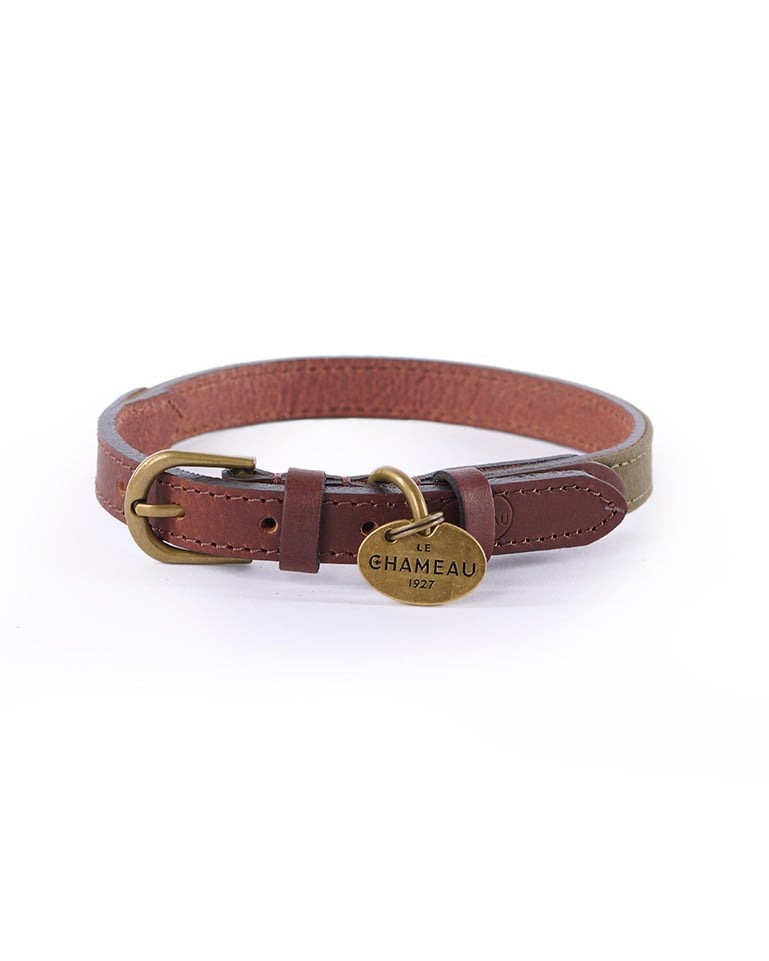 Waxed Cotton/Leather Dog Collar Vert Chameau Large