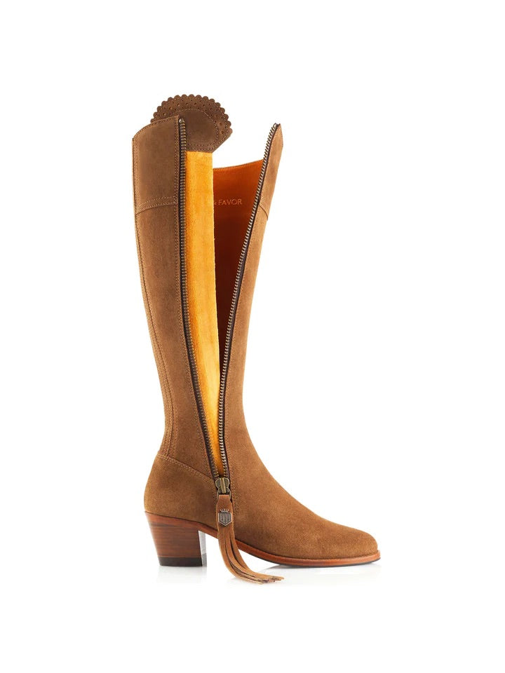 The Regina Women's Tall Heeled Boot - Tan Suede, Narrow Calf