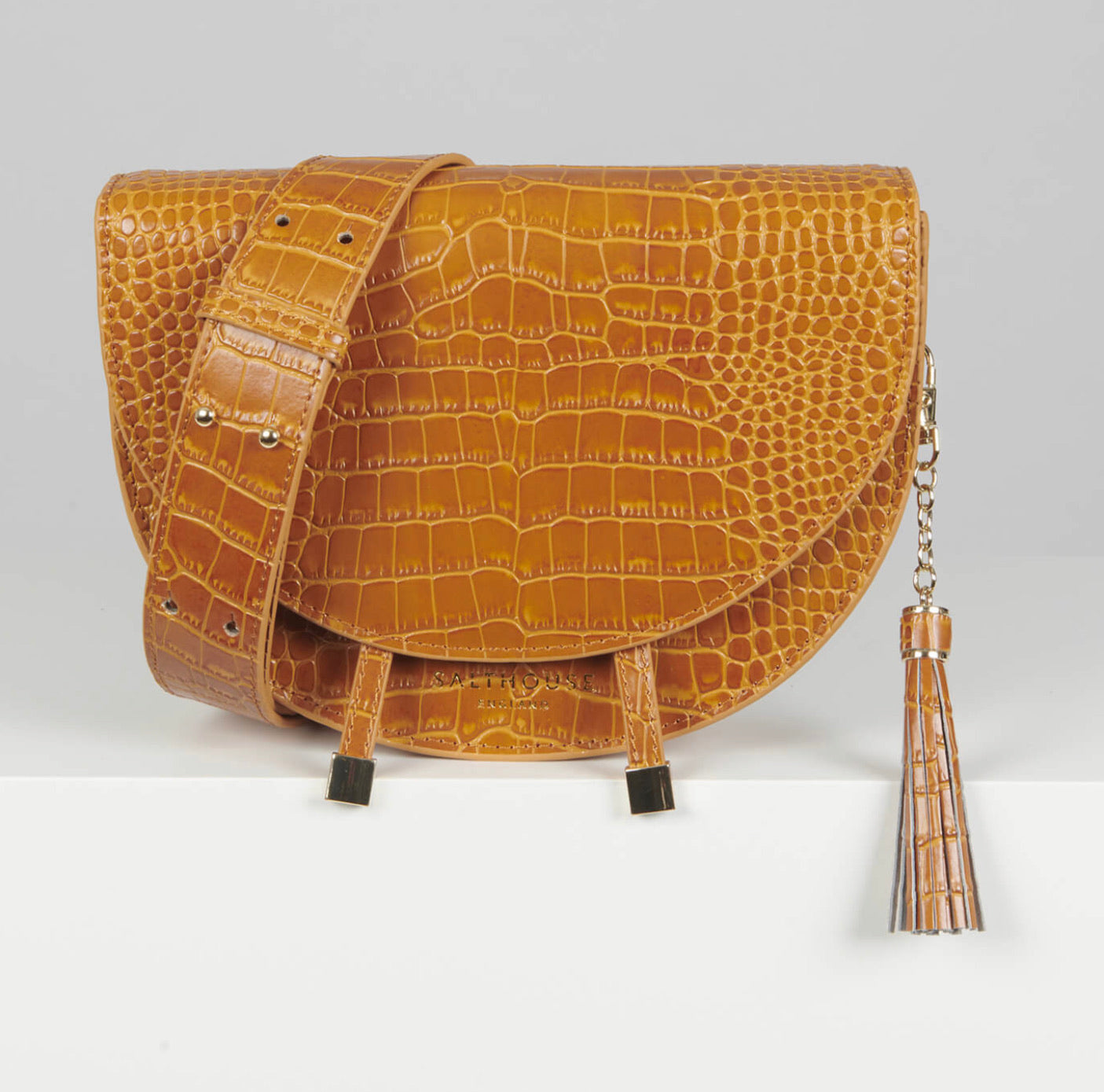 Floriana Croc Embrossed Leather Crossbody Bag - Honey