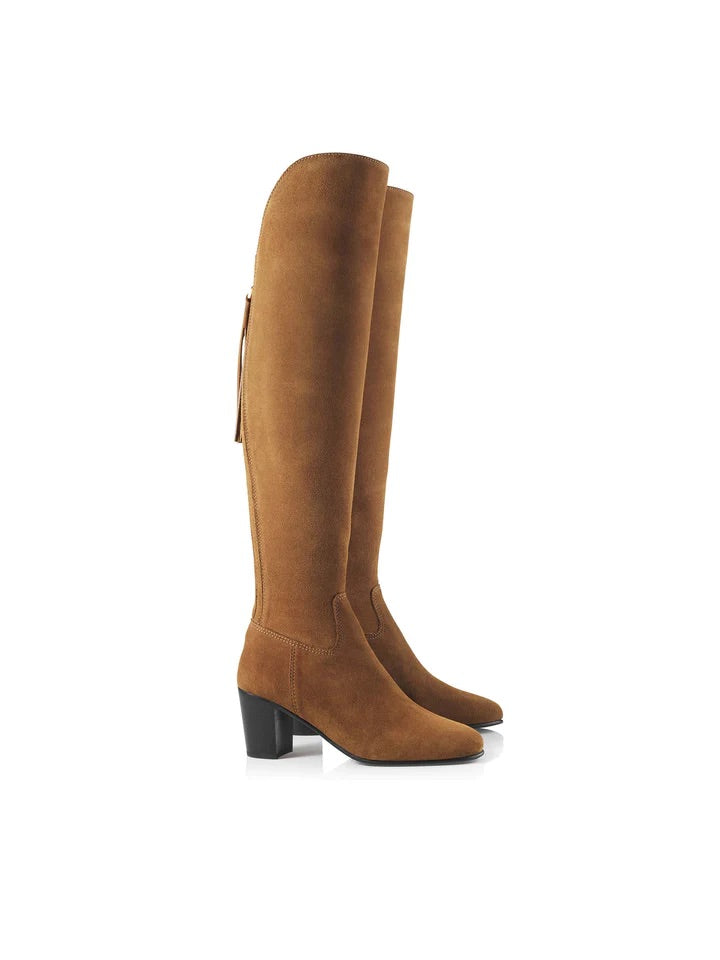 The Amira Women's Over-the-Knee Heeled Boot - Tan Suede