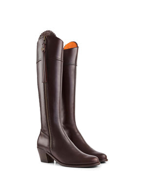 The Regina Women's Tall Heeled Boot - Mahogany Leather, Narrow Calf