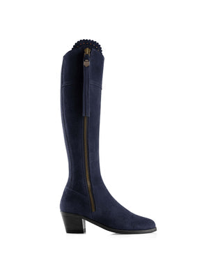 SECONDS The Regina Women's Tall Heeled Boot - Navy Blue Suede, Narrow Calf